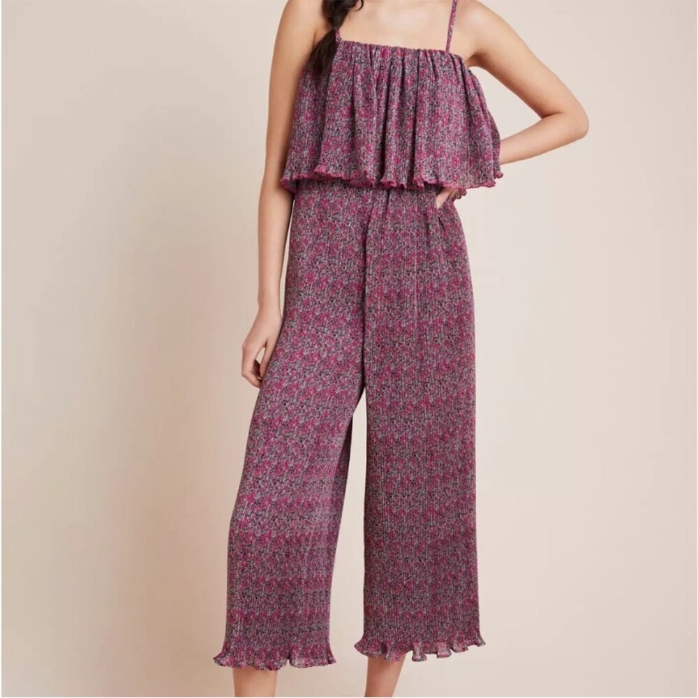 Anthropologie Suzanne Pleated Wide-Leg Jumpsuit Floral